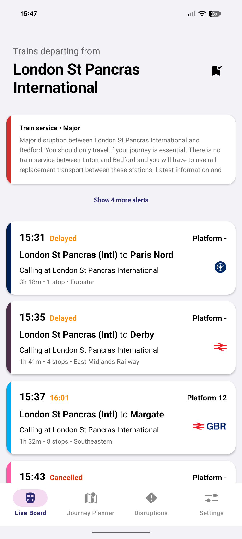 CallingPoint Android departure board showing live UK train times