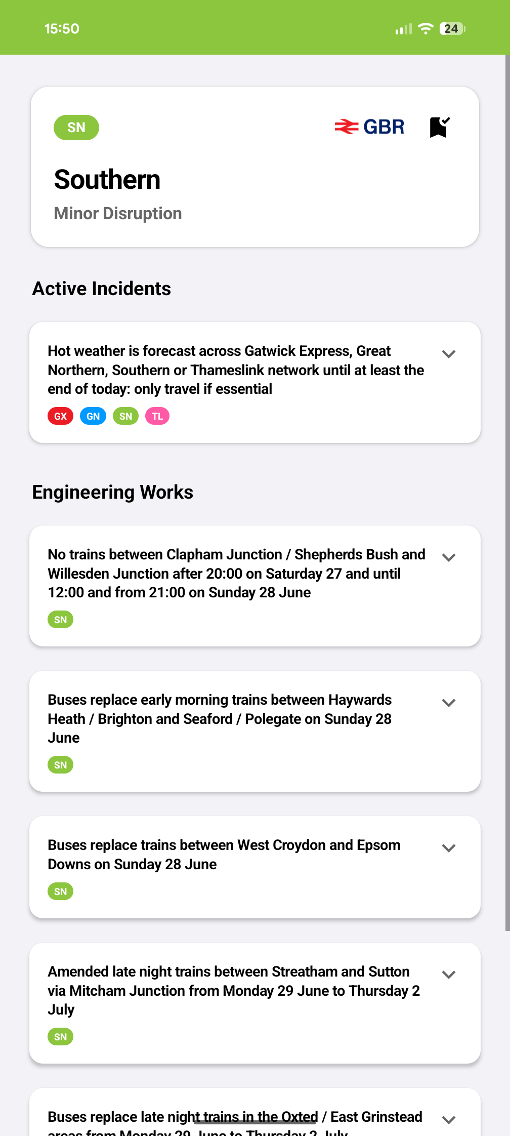 CallingPoint detailed view of engineering works and train incidents