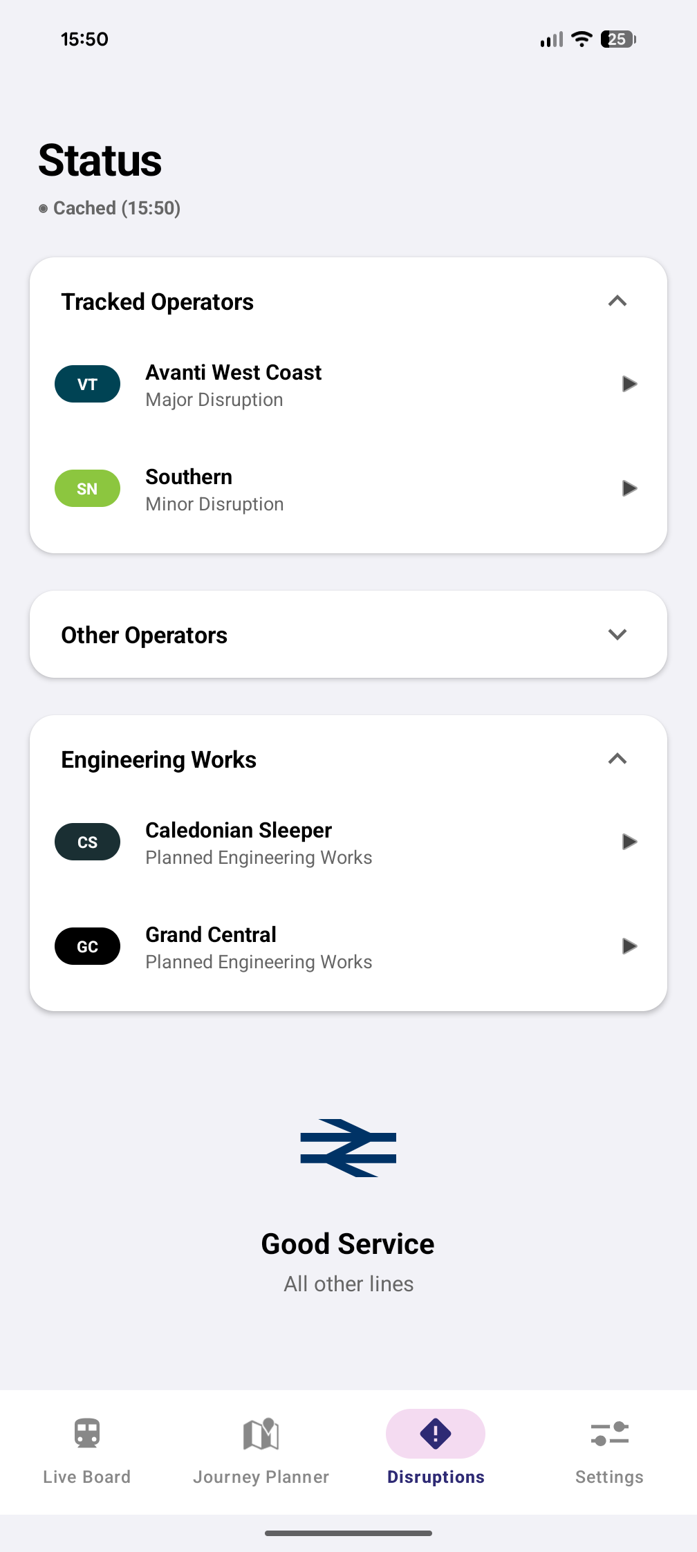 CallingPoint overview of active National Rail disruptions