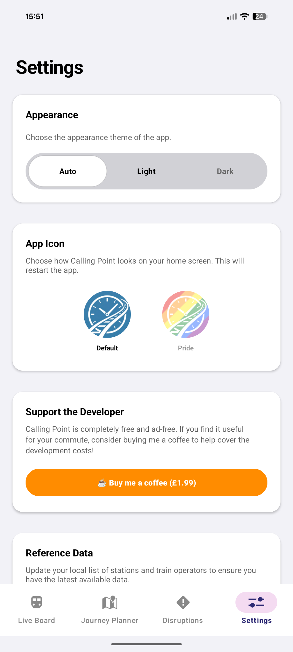 CallingPoint app settings and preferences